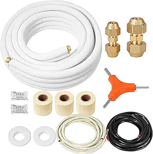 25 Ft Mini Split Line Set 3/8" & 1/4" O.D. Copper Pipes Tubing with Flared Nuts and 3/8" Thickened PE Insulated Coil Kit for Mini Split Air Conditioner & Heat System