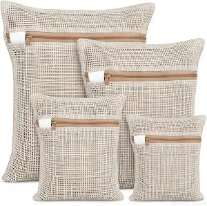 100% Cotton Mesh Laundry Bags, Rust-Proof Zipper Wash Bags for Delicates, Natural Undyed Bags for Lingerie, Sweaters and Baby Clothes, Set of 4 (Natural Cotton, 4 Pack - XXL XL L M)