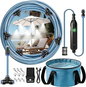 Portable Misting System for Outdoor Cooling, 23 FT Misters for Outside Patio with Rechargeable Pump, 30L Water Bag, 6 Adjustable Nozzles for Tent, Canopy, Backyard, Umbrella and Camping