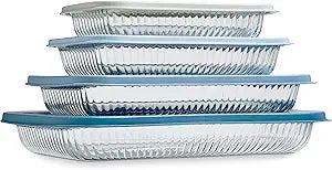 COOK WITH COLOR 8-Piece Deep Glass Baking Dish Set with Plastic Lids Casserole and Food Storage Containers for Lasagna, Leftovers Freezer-to-Oven, Microwave & Dishwasher Safe, Fluted Blue