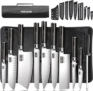 MDHAND Chef Knife Set with Roll Bag, 10PCS Professional Knife Set with Sharpener, High Carbon Stainless Steel Japanese Kitchen Knives - Black Pakkawood Handle, Dishwasher Safe, For Cooking, Chef Gifts