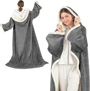 COZYTY Wearable Heated Blanket with Foot Pocket & Hood, Electric Snuggle Blankets with Sleeves, 6 Heating Levels & 1-4H Auto Shut-Off, Machine Washable, Housewarming & Gift, 50 * 70"+16", Dark Gray