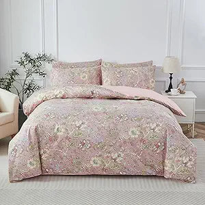 URBONUR Floral Duvet Cover Queen 100% Cotton Botanical Garden Flower Printed Bedding Reversible Pink Branches Leaves Pattern Comforter Covers French Country Bedding