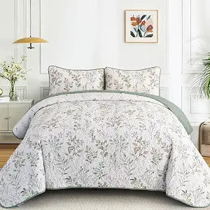 Anibedding Botanical Quilt Set Queen Size Sage Green Print Bedspreads