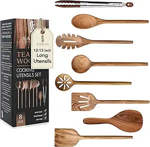 8 Piece Teak Wooden Cooking Spoons Set Wooden Utensil Set with Spatula Scraper Pasta Spoon Rice Paddle Tongs for Everyday Cooking, Smooth Sanded Finish, Comfortable Grip Handles, Gentle on Cookware