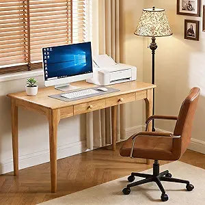 47" Solid Wood Desk with Drawers,Mid Century Modern Natural Real Wood Writing Desk,Home Bedroom Computer Office Workstation Desks,Small Spaces,Wood Color