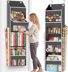 Over Door Wrapping Paper Organizer Storage with 3 Removable Drawers & Side Pockets Dual Use Design with Elastic Straps Christmas Gift Wrap Storage for Ribbons, Bows, Ornament and Other Tools 1Pack
