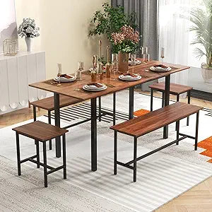 COSTWAY Extendable Dining Table Set for 4-6, 63" Dining Room Table Set with 2 Benches and 2 Square Stools, Metal Frame, Dinette Set, Space-Saving Kitchen Table Set for Restaurant, Apartment (Walnut)