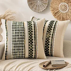 ANRODUO Pack of 2 Boho Decorative Throw Pillow Covers 20x20 Farmhouse Cushion Case Striped Chenille Pillow Cases Square Pillow Covers Accent Neutral Pillowcase for Sofa Couch Bed, Olive Green Stripe