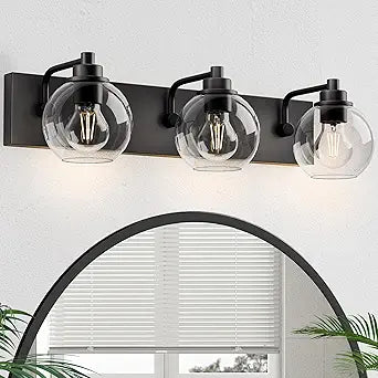 Bathroom Light Fixtures-Matte Black Vanity Lights for Bathroom, Modern Black Vanity Lights 3-Light Bathrooms Lighting Fixtures Over Mirror with Clear Glass Shade