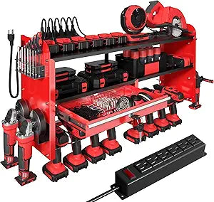 KSVO Power Tool Organizer Wall Mount with Drill Rack, Grinder Holder, Hammer & Pliers Rack, Locking Drawers, 6-Outlet Charging Shelf Heavy Duty Metal Tool Storage for Garage, Workshop (Red)