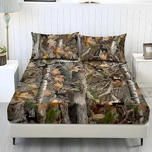 ZDCUSTOM Twin XL Size Sheet Set Hunting Camo Bedding Sheet Set 3pcs Deep Pocket Soft Stretchy Deer Silhouette Bedding Set with All Around Elastic Snug Fit Bedsheet, 39" x 79"