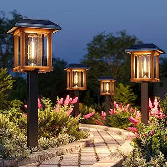 XMCOSY+ 4-Pack Solar Pathway Lights Outdoor, 25 Lumens Vintage Edison LED Landscape Lighting, IP65 Waterproof Seeded Glass & Metal Stakes Solar Powered Garden Lights for Yard Patio Walkway Driveway