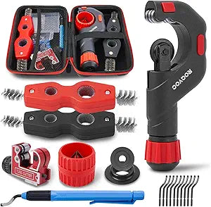 Copper Pipe Cutter Kit, 1/8-1-1/8 in Mini Tube Cutter, 5-50 mm Bearing Pipe Cutter, Deburring and Chamfer Tools, Pipe Cleaning Brushes and EVA Case for HVAC and Plumbing