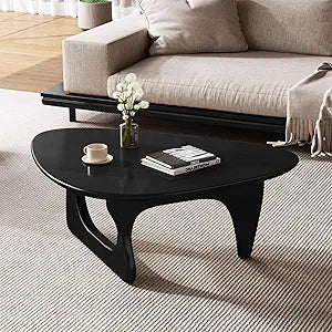 Coffee Table Solid Wood Oval Rustic Mid-Century Modern Low Center Table for Living Room, Office, Small, Black, 34.3", Easy to Install