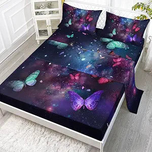 Datura home Bedding Fitted Sheet and Flat Sheet Set 4Pcs Galaxy Butterfly Printed Bedding Set with 1 Flat Sheet and 1 Fitted Sheet + 2 Pillowcases for Girls (Galaxy Butterfly Queen)