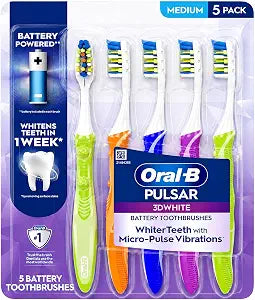 Oral-B Pulsar 3D White Battery Powered Toothbrush, Micro-Pulse Vibrations for Whiter Teeth & Plaque Removal, Medium Bristles, 5 Count (Colors May Vary)