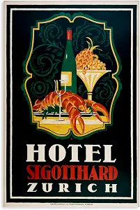 Vintage Zurich Lobster Hotel, 16 x 24 Inch Canvas Wall Art