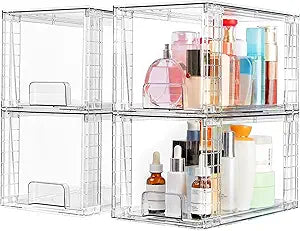 Vtopmart 4 Pack Large Stackable Storage Drawers,Easily Assemble Acrylic Bathroom Closet Undersink Organizers and Storage,Plastic Bins for Kitchen Cabinets,Pantry,Makeup,Medicine Organization
