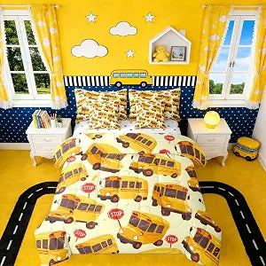 Erosebridal School Bus Twin 7 Pieces Bedding Set for Kids, Cartoon Truck Bed in A Bag for Boys Girls Teens Youth Bedroom Decor, School Theme Comforter Set with Sheets, Yellow Vehicle Bed Sets