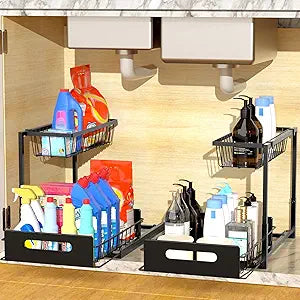 Mythinglogic Metal Under Sink Organizer and Storage, 2 Tier Under Sink Organizer, Pull Out Under Cabinet Organizer Shelf for Kitchen Bathroom and Laundry Room