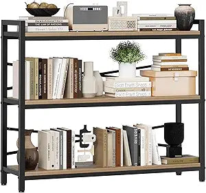 3 Tier Bookshelf 39.37" Width, Dorm Desk Hutch, Desk Shelf, Long Industrial Bookcase, Wooden Large Book Shelf for School Home Living Room Bedroom Office Storage(Light Coffee)