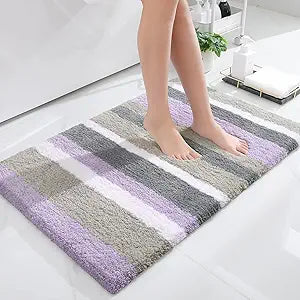 Buganda Microfiber Striped Bathroom Rugs Bath Mat, Extra Thick, Soft and Shaggy, Absorbent, Machine Washable, Bath Rugs for Bathroom, Tub and Shower, 36x24 Inches, Purple-Grey