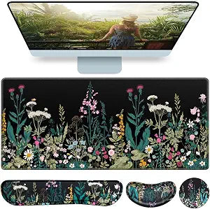Desk Mat, Large Gaming Mouse Pad with Wrist Rest, 4in1 XXL Mousepad Floral