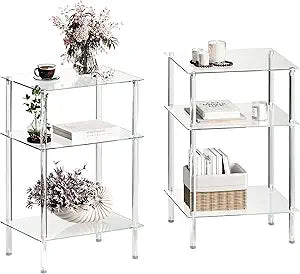 Tempered Glass Side Tables Set of 2 Acrylic End Table with 3 Storage Shelve transparent Bedside simplicity clear 3-Tier Nightstands small Spaces Office Bedroom Living Room Study Transparent ET-008TR3T