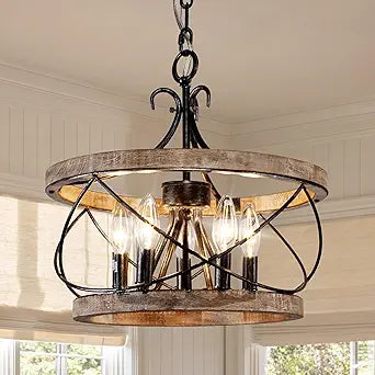 20" Farmhouse Chandelier, 5-Light French Country Drum Chandelier Over Table, Wood Chandelier for Kitchen Island Dining Room Entryway