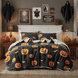 Halloween Sherpa Comforter Set Super Warm Twin Size Orange Pumpkin Black