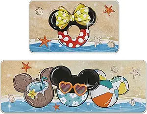 Pycat Hello Summer Kitchen Rugs Set of 2, Beach Coastal Swim Ring Coconut Ball Kitchen Mats Decor, Nautical Starfish Conch Floor Door Mat Home Decorations -17x29 and 17x47 Inch