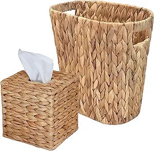 PINXIURY Water Hyacinth Tissue Box Cover, Natural Handmade Wicker Napkin Box Holder and Bathroom Wicker Trash Can, Handwoven Wicker Waste Basket with Handles for Bedroom, Kitchen, Office and Bathroom