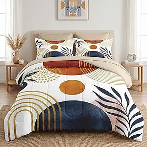 WeCozy 7 Pcs Queen Size Comforter Set with 2 Pillowcases & 2 Shams, Mid Century Bedding for Adults, Sun Boho Geometric Rainbow Bed in a Bag with Flat Fitted Sheet
