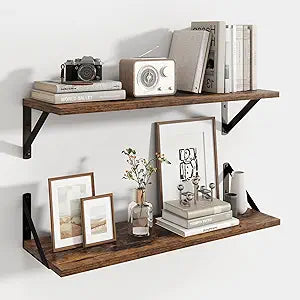 Axeman 24 Inch Floating Shelves | 8 Inch Deep Brown Wall Shelves Set of 2 | 24''W x 8''D Rustic Brown Wood Shelves for Bathroom Kitchen Living Room Bedroom Home Office