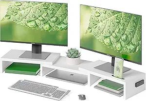 BONTEC Dual Monitor Stand Riser, Adjustable Length & Swivel Angle, White