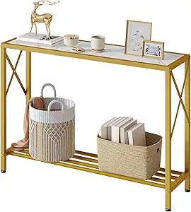 Tajsoon Entryway Table 41.8, 2-Tier Entry Way Console Entrance Table, Narrow Sofa Table with Shelves, Ideal for Hallway, Entryway, Living Room, Foyer, Corridor, and Office (Gold & White)