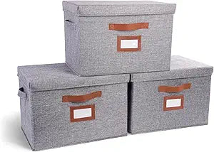 3 Pack Large Fabric Storage Boxes with Lids (15.75" x 11.25" x 11.25") - Decorative Bin with Lid, Label Holder, Faux Leather Handles - Large Storage Boxes for Organizing Clothes, Blankets - Grey