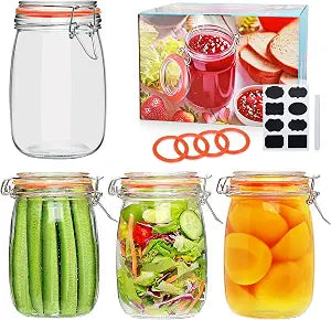 32 oz Wide Mouth Mason Jars with Airtight Hinged Lids, Large Glass Jar with Lid for Pickling, Fermentation, Canning, Food Storage Set of 4 Glass Storage Containers