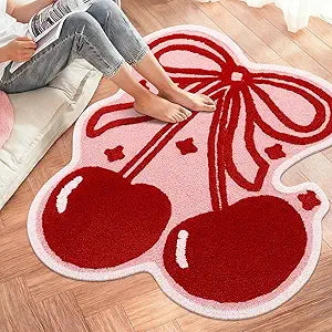 Nuanchu Bow and Cherry Bathroom Rug Bathroom Decor 40 x 34'' Cute Fruit Shaped Pink Bath Rug Soft Non Slip Absorbent Machine Washable Bath Mat for College Student Dorm Bedroom Living Room Home Decor