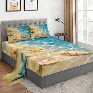 WeCozy Full Bed Sheet Set, 4 Pieces Summer Seashell Bedding with Flat
