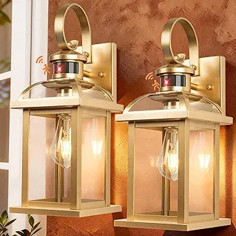 Gold Motion Sensor Outdoor Light Fixtures Dusk to Dawn 2-Pack, 16 Inch Brass Outdoor Wall Sconces Photocell Outside Lights for House Front Porch Lights Carriage Coach Lights Courtyard