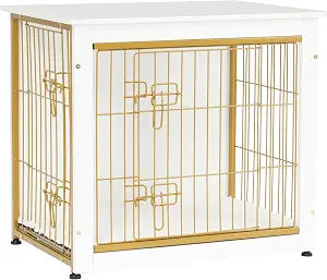 DWANTON Dog Crate Furniture with Cushion, Wooden Kennel Table with Double Doors, Indoor Dog House, Small/Medium/Large Size, 27.2" L, White