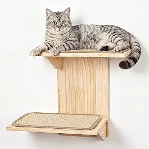 Cat Wall Shelves, 2 Platform Cats Walls Furniture, Tree Shape Kitten Floating Shelf with Sisal Mat Perch, Solid Pine Wood, Suitable for Climb, Play, Nap