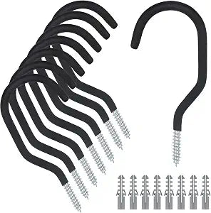 KURUI Large Heavy Duty Screw Hooks for Hanging Plants, Outdoor String Lights, Bike, 8 Pack Ceiling Hooks for Garage Organization and Storage, Black No Drill Wall Hangers
