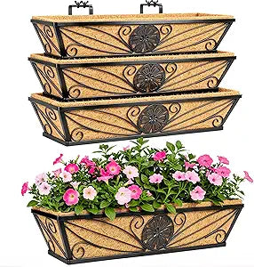 4 Pack 24 Inch Railing Planter Boxes with Coco Liner, Floral Scroll Metal Window Box Planters for Outdoor Plants, Black Hanging Window Baskets for Garden, Patio, Balcony Railing Decor