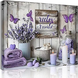 Purple Bathroom Canvas Wall Decor Relax Soak Canvas Wall Art Butterfly Floral Print Poster Artwrok Unwind Bathroom Washroom Painting Pictures 16x24 In