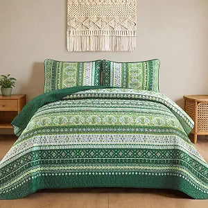 Goodidea Boho Quilt Set King Size, Green Stripe Microfiber Bedspread Set