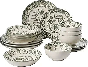 Bloomhouse - 2-Time Oprahs Favorite Things - Valencia Flor 16 Piece Dinnerware Set, Artisanal Decorated Stoneware Plates & Bowls, Service for 4, Microwave & Dishwasher Safe, Fern Green