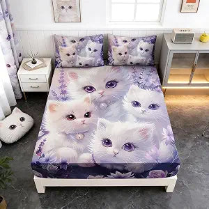 Kawaii Cat Bedding Set Twin Size,1 Fitted Sheet+2 Pillowcases.